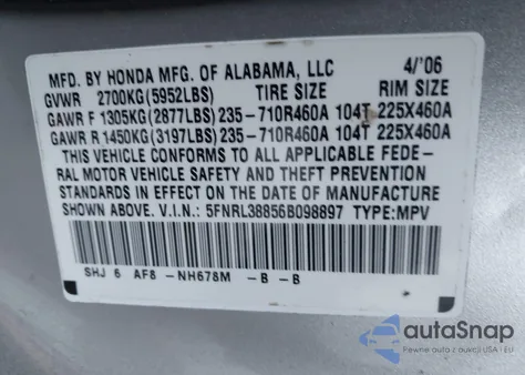 2006 Honda Odyssey Touring из США, поврежденный, VIN 5FNRL38856B098897